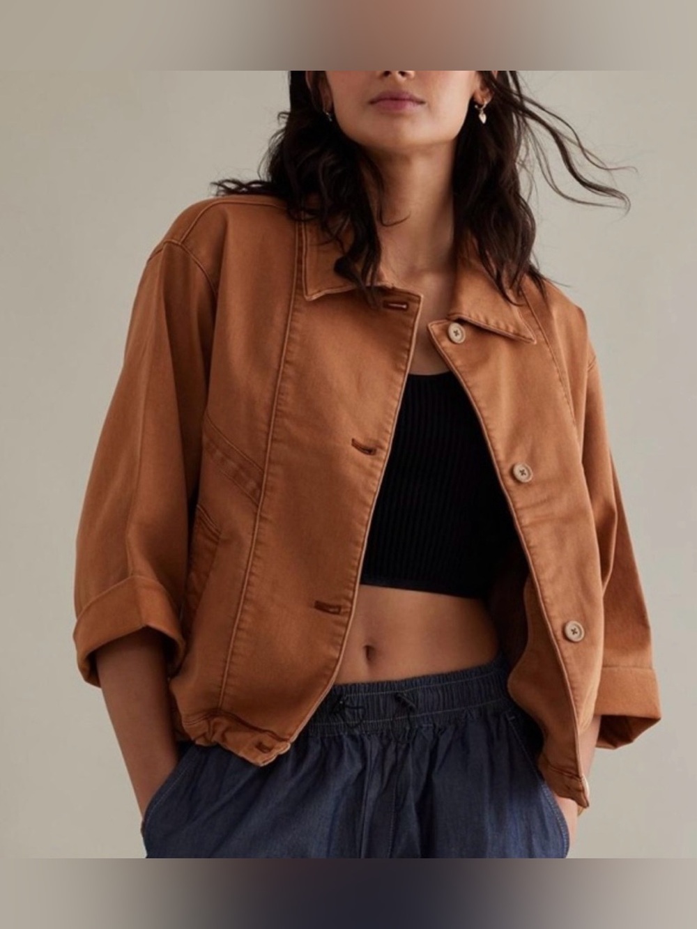 Anthropologie Pilcro Roll-Sleeve Collared Bomber Cognac Brown Jacket Size Medium